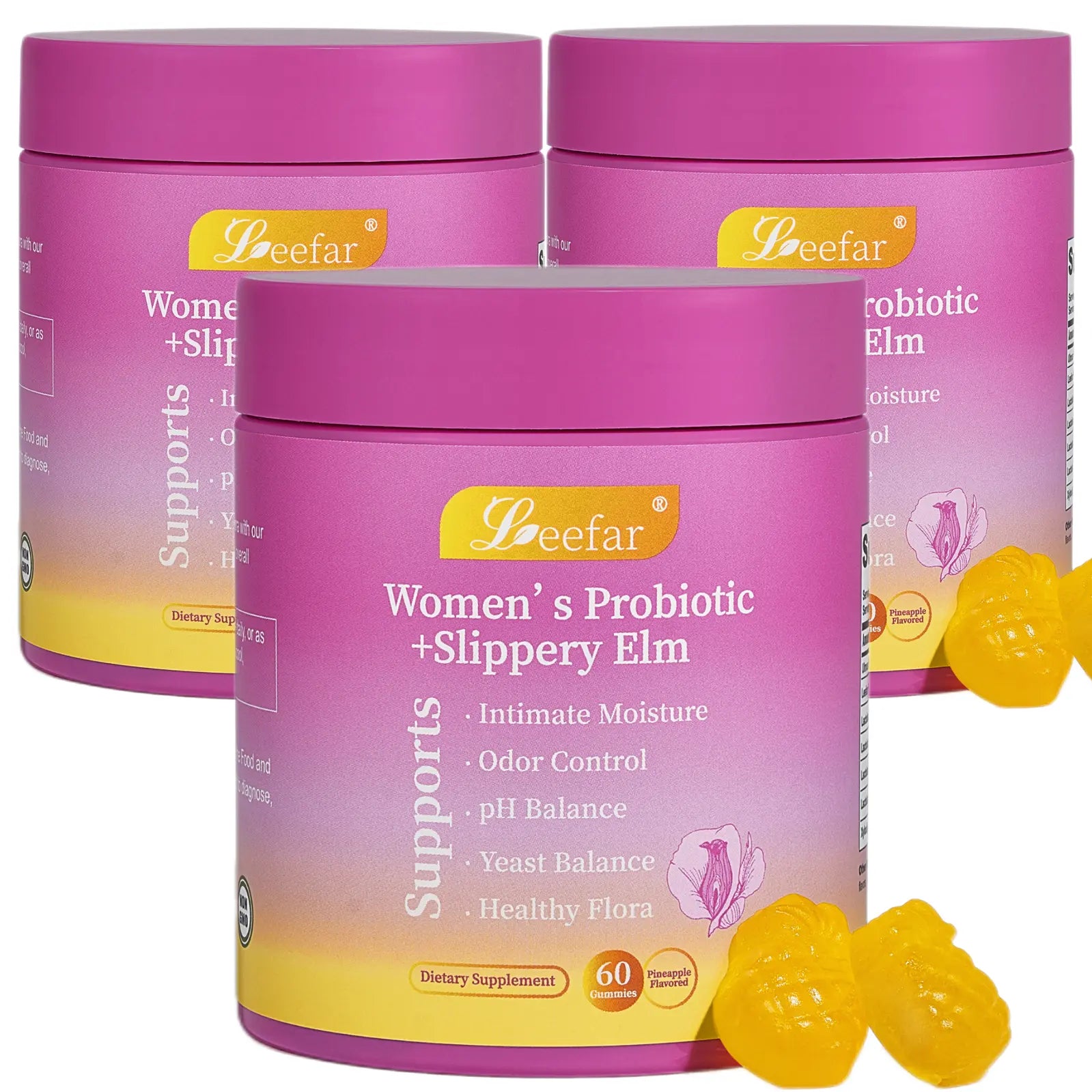 LEEFAR Her Juicy Feminine Probiotics Gummies- All in One Solution with Slippery Elm and Prebiotics&Lactobacillus Probiotic Blend for Women'S Ph Balance and Dryness - Hawaiian Pineapple Gummies 60 Counts Women'S Probiotics